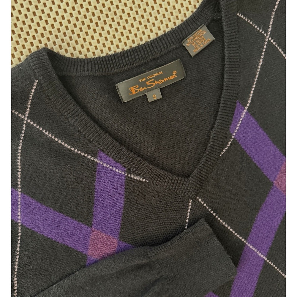 Ben Sherman Mens V Neck Lambswool Blend Argyle Pullover Sweater Size Small